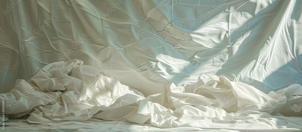 Poster empty crumpled bed in the bedroom after walk up. copy space image. place for adding text and design