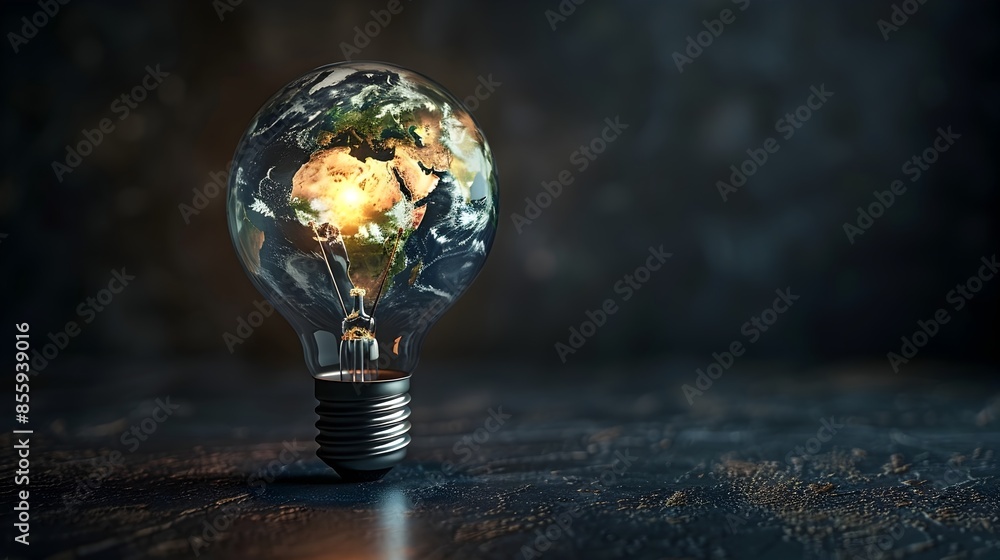 Poster glowing light bulb with a globe inside representing global ideas and innovative concepts