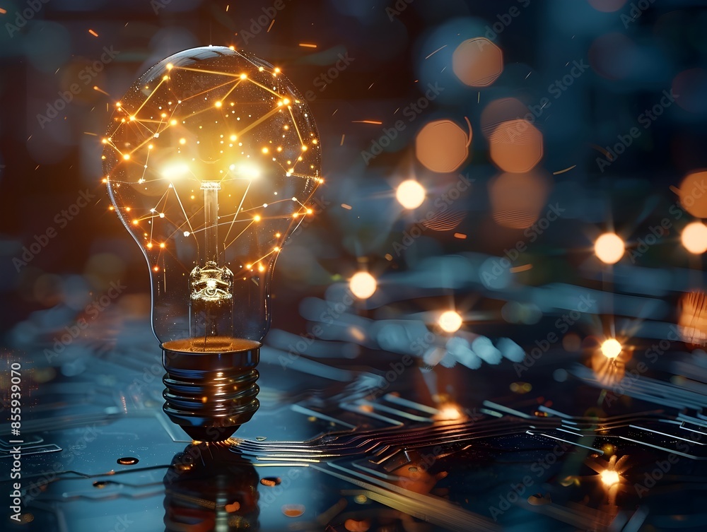 Poster glowing light bulb with circuitry patterns representing tech innovation and idea concept