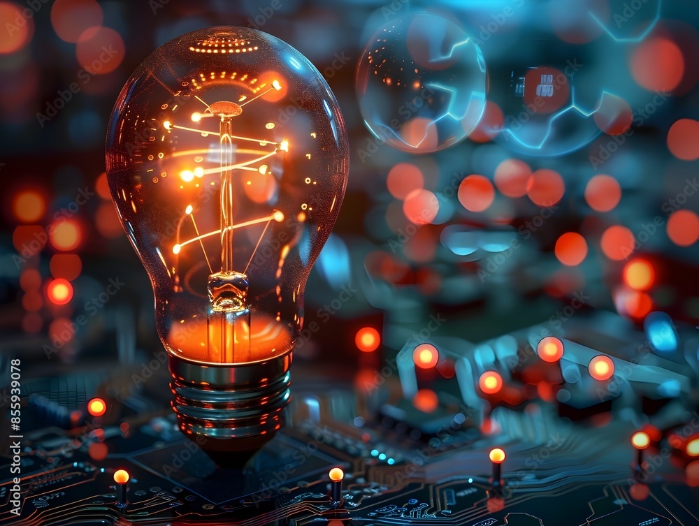 Poster glowing light bulb with circuitry patterns representing tech innovation and idea concept