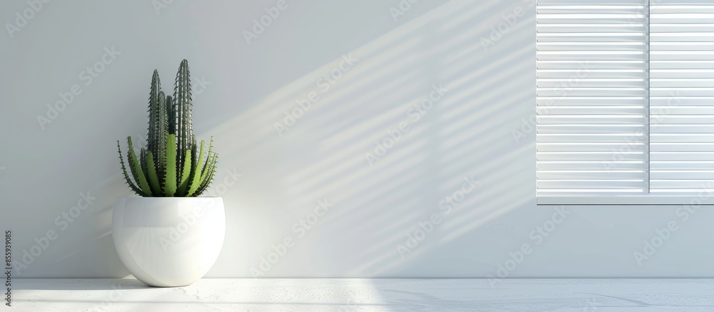 Poster cactus in a white pot placed beside the louver window. copy space image. place for adding text and d