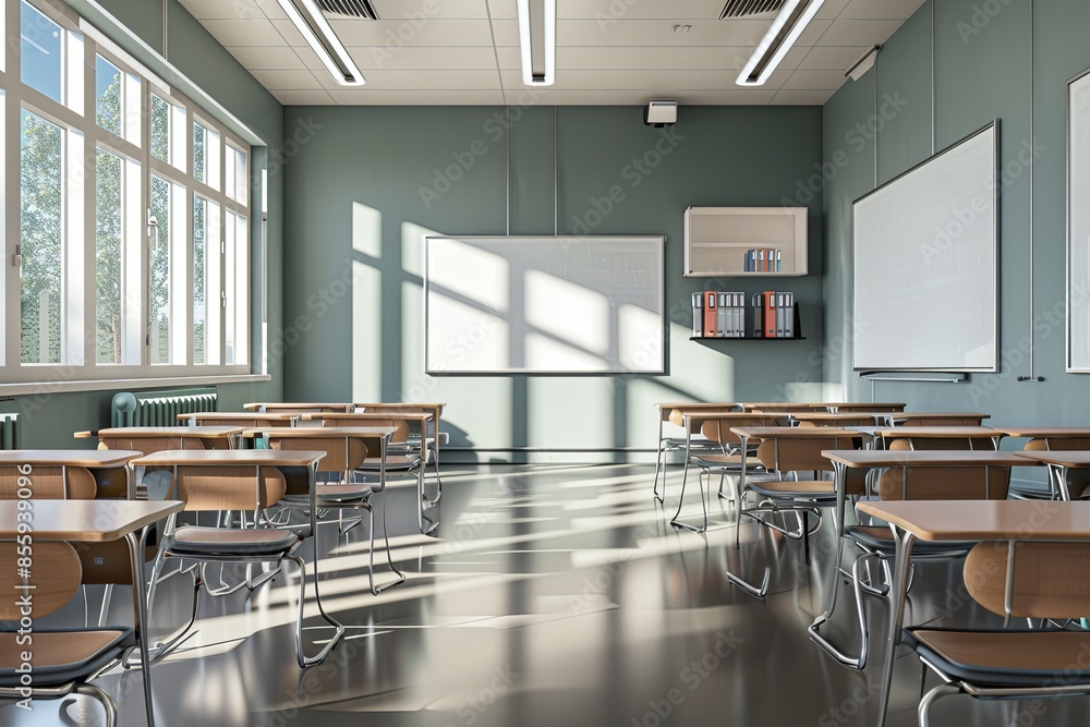 Fototapete a contemporary classroom with modern desks and interactive panels, bathed in natural light streaming