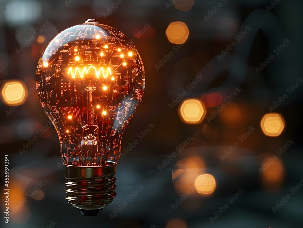 Poster glowing light bulb with circuitry patterns representing tech innovation and idea concept