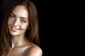 Fototapeta premium Portrait of a young happy woman looking into the camera. Skin care beauty, skincare cosmetics