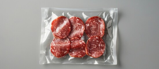Slices of Mortadella in vacuum sealed package for sous vide cooking isolated on gray pastel background. Copy space image. Place for adding text and design