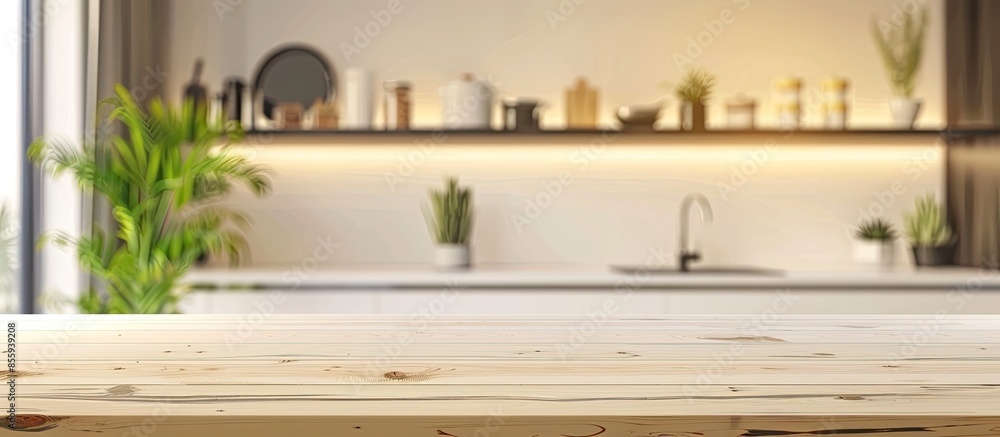 Aufkleber blurred view of modern kitchen with white wall. copy space image. place for adding text and design