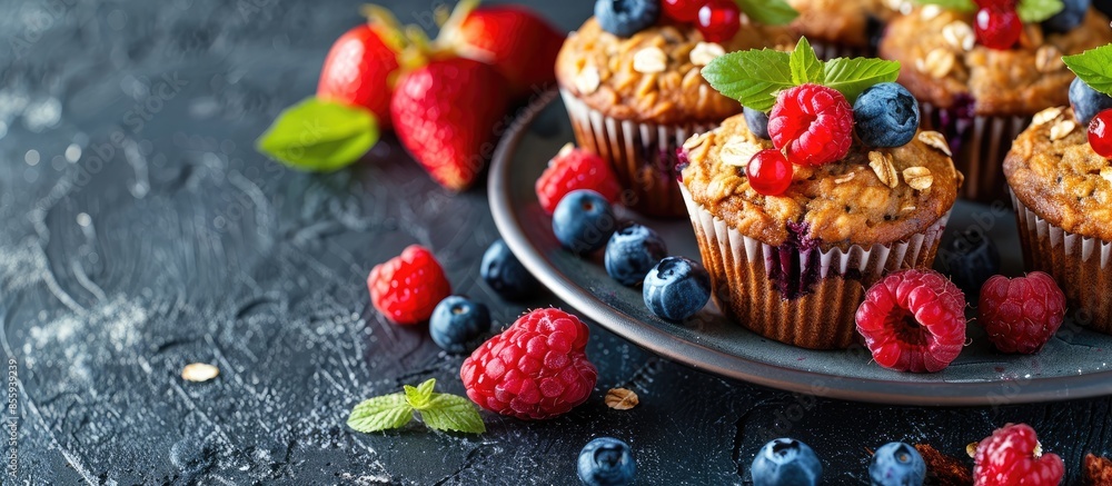 Poster vegan banana carrot muffins with oats and berries. copy space image. place for adding text or design