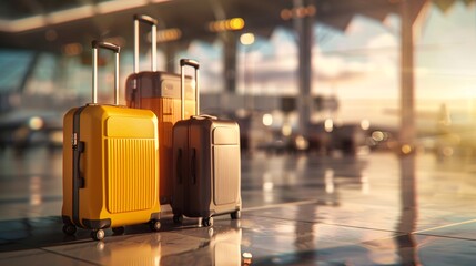 Airport luggage suitcases in a wide banner for vacation travel.