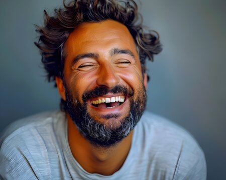 Bearded man laughing heartily showing unrestrained joy and amusement human emotions and expressions concept