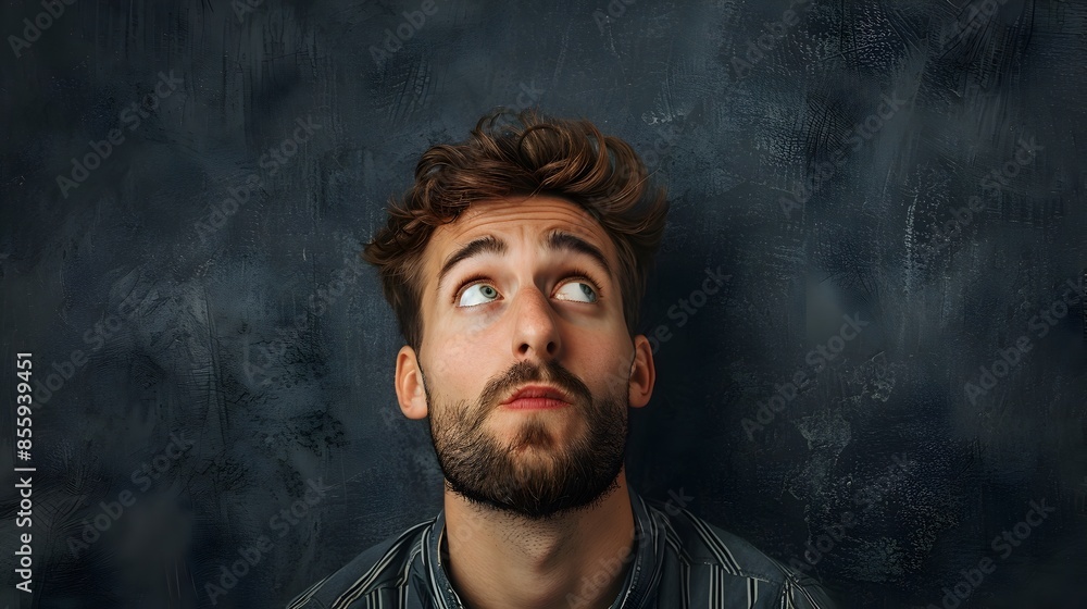 Poster pensive man with puzzled expression showing human emotion and confusion in studio portrait