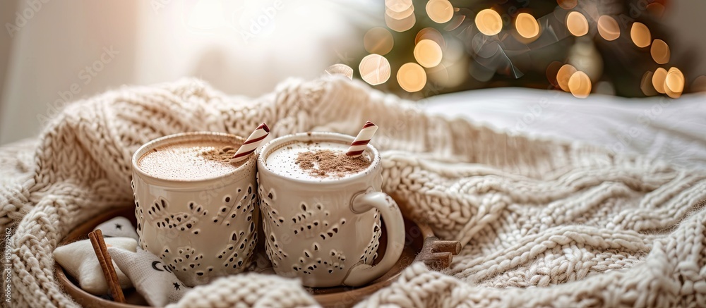 Poster two holiday mugs of hot cocoa on a tray on the bedroom at christmas time. copy space image. place fo