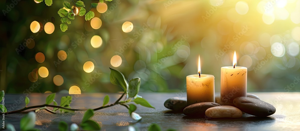 Aufkleber burning candles and spa stones on grey table against blurred green background. copy space image. pla