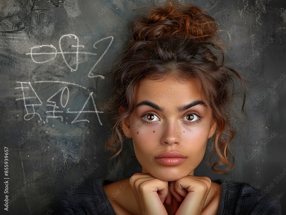 Poster focused woman with a contemplative expression in a classroom setting exploring emotions and expressi