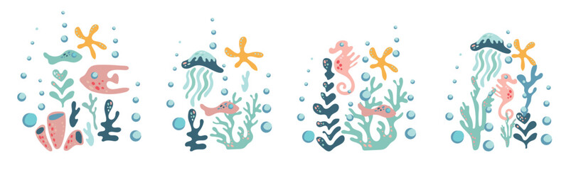 Undersea world. A set of Abstract drawings with underwater scenes of sea inhabitants and algae. Vector ornament with fish and jellyfish. For fabric, textiles, wallpaper, cards.