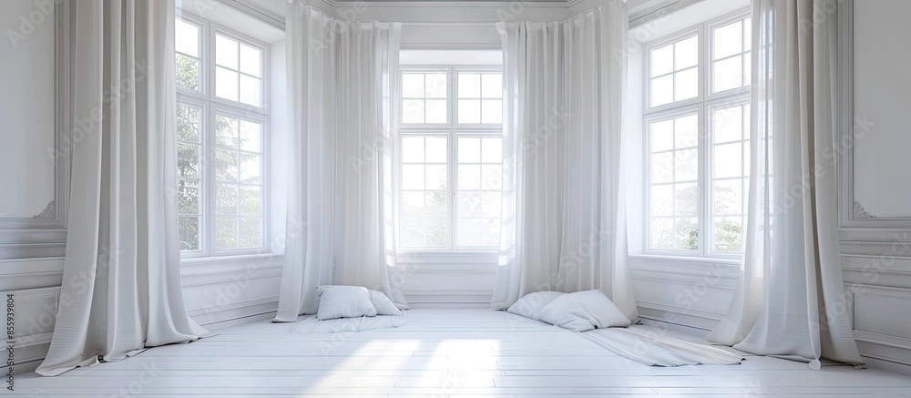 Poster white bedroom with bay window and curtain. copy space image. place for adding text and design