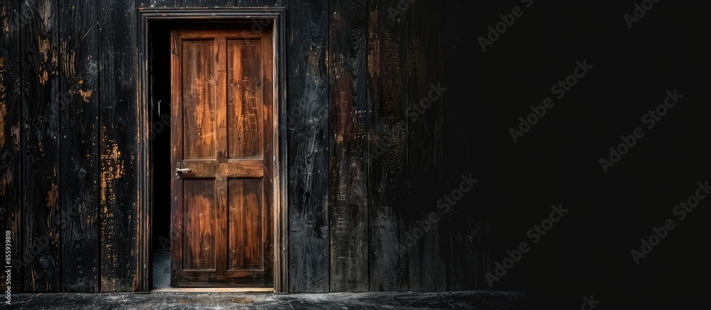 Poster slightly open wooden door leading to a dark corridor. copy space image. place for adding text and de