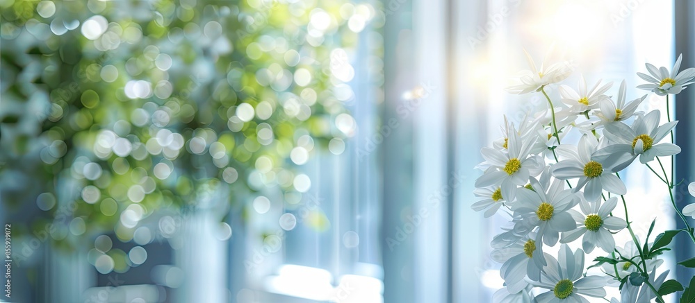 Poster flowers on a background of a window at modern office. copy space image. place for adding text and de