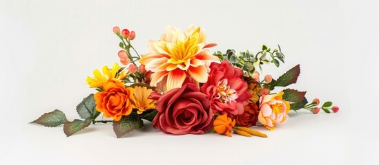 Flowers. Beautiful bouquet of roses. chrysanthemums, saffron, lilies. artificial flowers. for table decoration, holiday. on an isolated white background. Floral concept. Copy space image