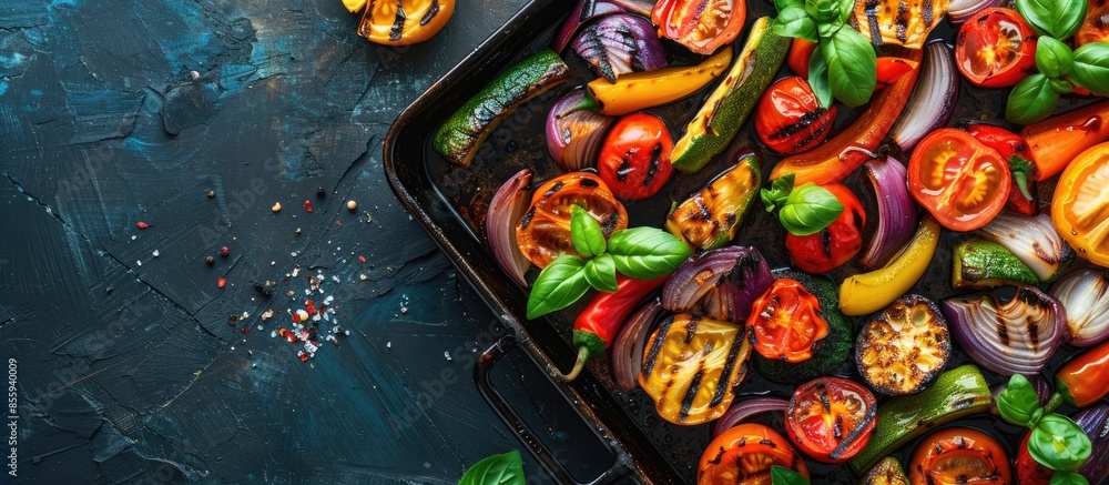 Poster grilled vegetables on baking tray over dark background. top view, flat lay. copy space image. place 