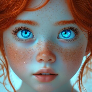 Uma crian&ccedil;a de cabelos ruivos com olhos azuis brilhantes e expressivos, pele clara com sardas e uma express&atilde;o de maravilha. O fundo &eacute; claro, destacando ainda mais seu rosto angelical e seus detalhes.