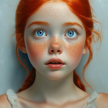Uma crian&ccedil;a de cabelos ruivos com olhos azuis brilhantes e expressivos, pele clara com sardas e uma express&atilde;o de maravilha. O fundo &eacute; claro, destacando ainda mais seu rosto angelical e seus detalhes.
