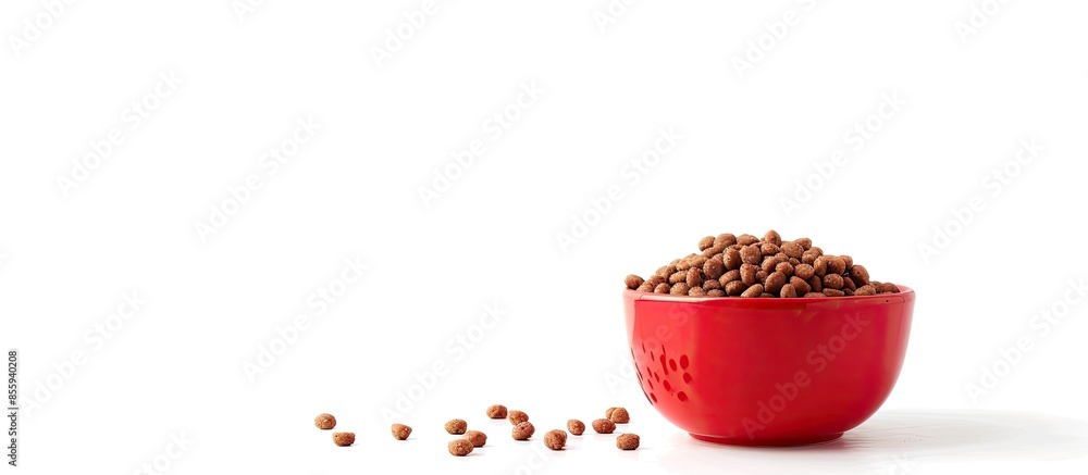 Poster dry cat food in a red bowl, isolated on white background. copy space image. place for adding text or