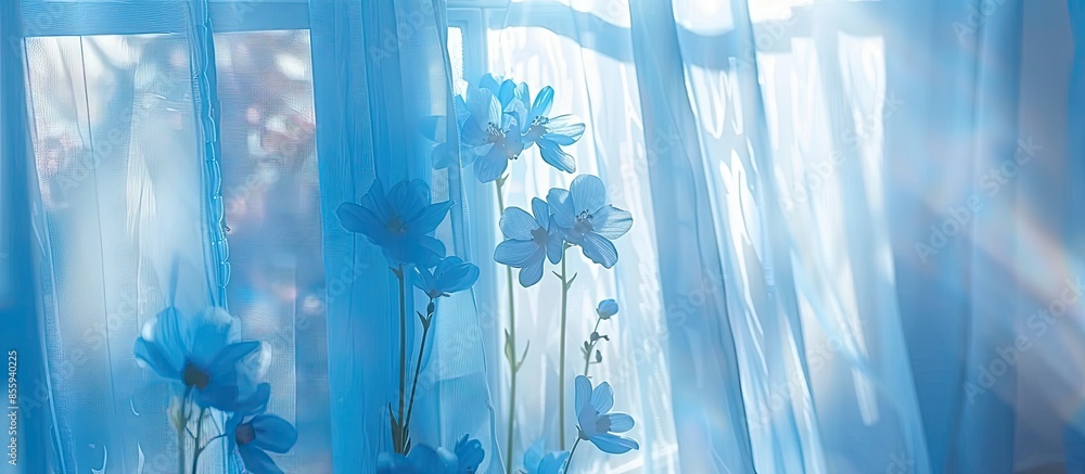 Poster background. a transparent curtain on a window of blue color with blue flowers. light through the cur