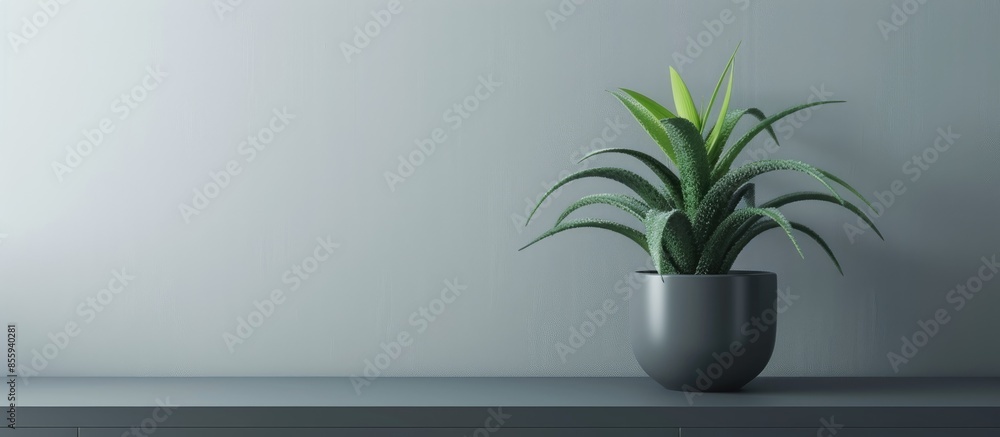 Poster plant on a minimal sideboard in grey flower pot. copy space image. place for adding text and design