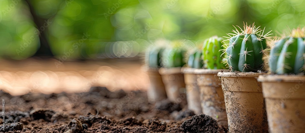 Poster green cactus seedlings in pots on a natural background. copy space image. place for adding text and 