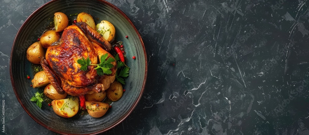 Aufkleber whole chicken roasted in a porcelain bowl with potatoes. copy space image. place for adding text and