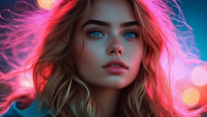 
Uma mulher deslumbrante com longos cabelos prateados esvoaçantes, olhos azuis e pele impecável. Ela possui uma aparência etérea e hipnotizante, com um fundo escuro