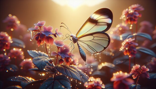Uma borboleta com asas transparentes cobertas de got&iacute;culas de orvalho pousa delicadamente em uma flor colorida ao amanhecer. As atmosferas vibrantes e os detalhes minuciosos