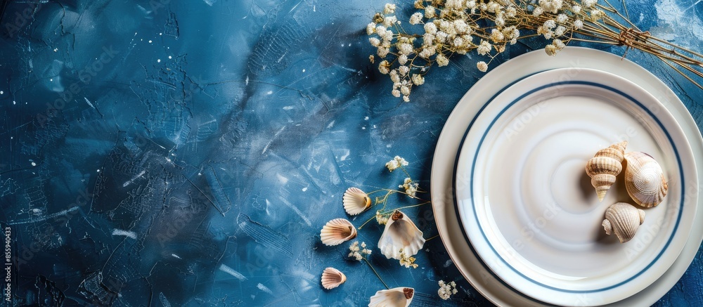 Poster handmade ceramic white plates with a blue stripe on the edge, dried flowers and empty seashells on b