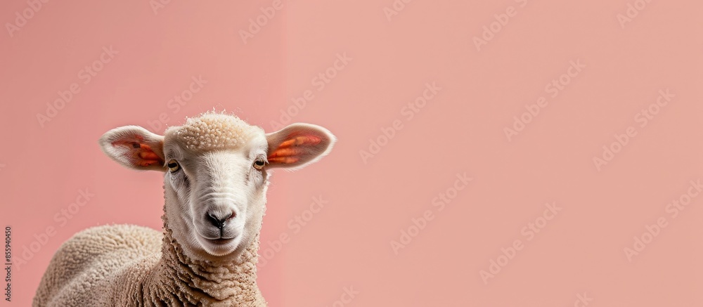 Poster portrait of sheep in farm pastel background isolated. copy space image. place for adding text and de