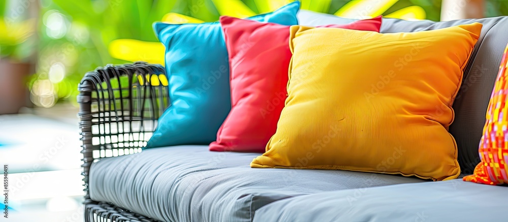 Poster comfortable pillows on outdoor patio sofa. copy space image. place for adding text and design