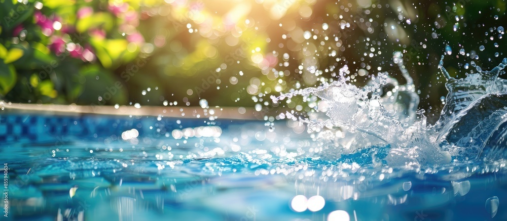 Poster many splashes in the swimming pool after jump diving over garden on sunny day. copy space image. pla