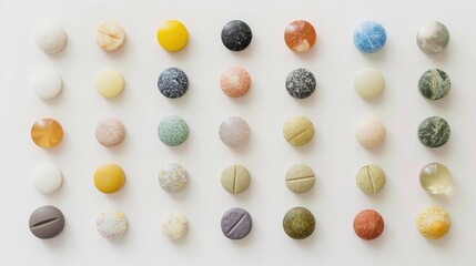 Assorted pills on a white surface