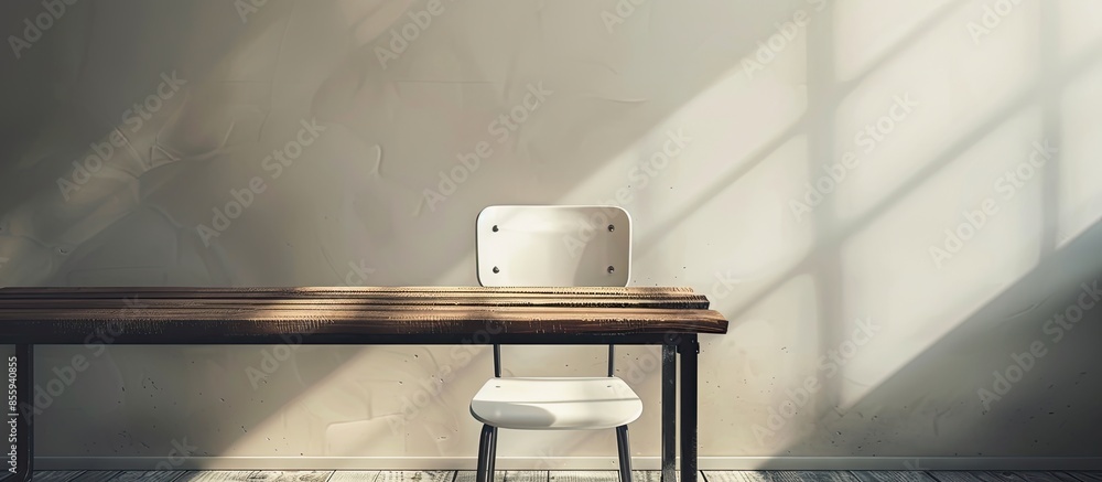 Poster white empty chair over a wooden table on an abstract interior furniture home still. copy space image