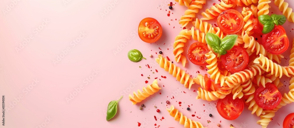 Poster pasta with tomato sauce isolated on a pastel background. copy space image. place for adding text and