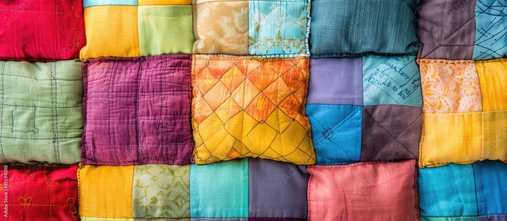 Poster creative colorful quilt pillow. art and craft idea. copy space image. place for adding text and desi