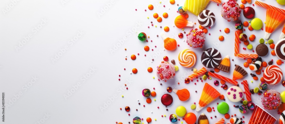 Poster halloween side border of scattered candy and decor. flat lay over a white background. copy space. co