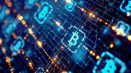 Obraz premium Blockchain mining concept digital cryptocurrency abstract backgroundfintech technology dark backdrop with glowing network design 