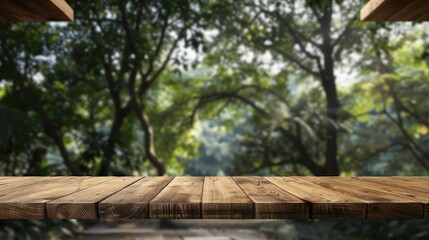 Wooden shelves in a coffee shop with empty surfaces against a background of blurred trees suitable for product display montage