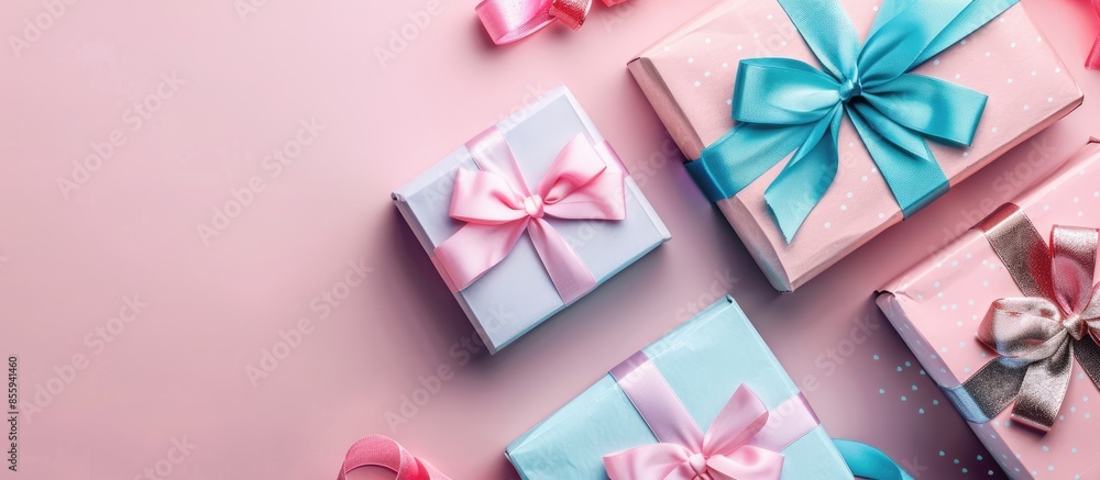 Poster gift boxes with ribbon and bow on pastel background. copy space image. place for adding text and des