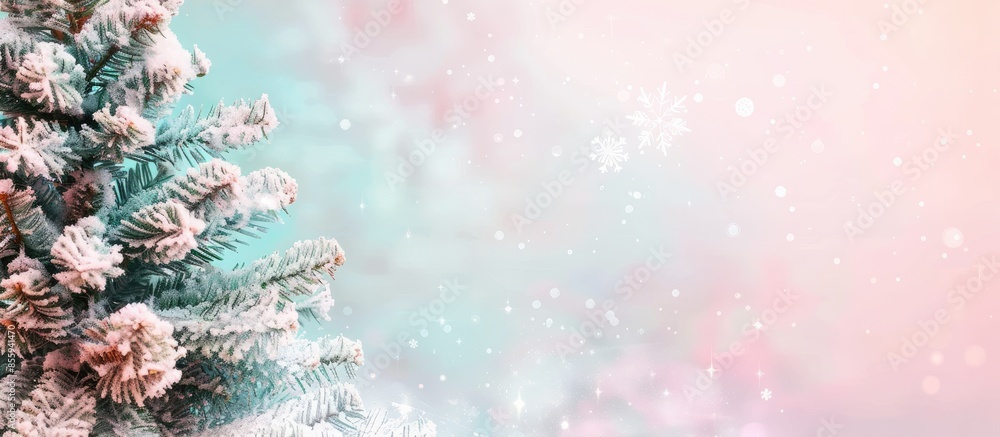 Poster christmas fir tree on pastel background with snowflakes. copy space image. place for adding text and