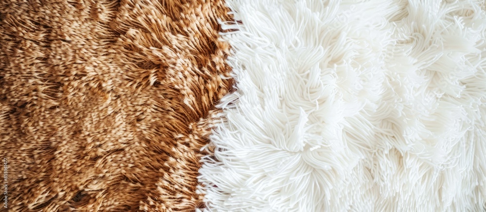 Poster brown and white hairy carpets divide in half. photographed from above. copy space image. place for a
