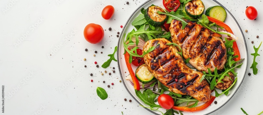 Aufkleber plate of grilled chicken with vegetables isolated on white background. copy space image. place for a