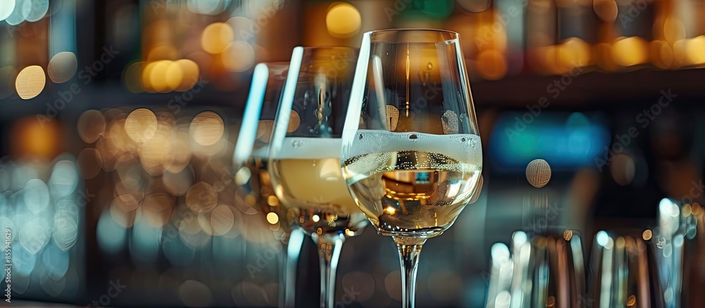 Poster glasses of white wine on bar counter, small focus depth. copy space image. place for adding text and