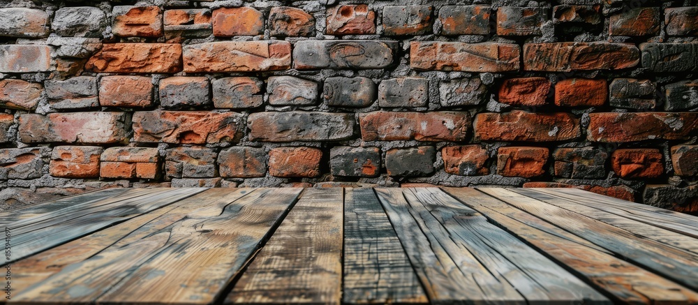 Aufkleber desk space platform and brick wall background. copy space image. place for adding text and design