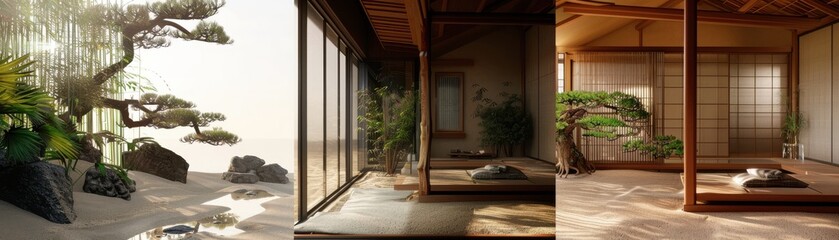 Shoji door opening to an open interior space with a traditional thatched roof